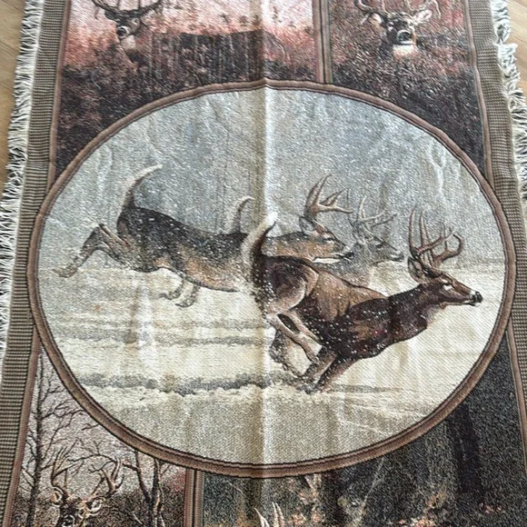 Vintage Deer Scene Tapestry Throw Blanket with Fringed Edges